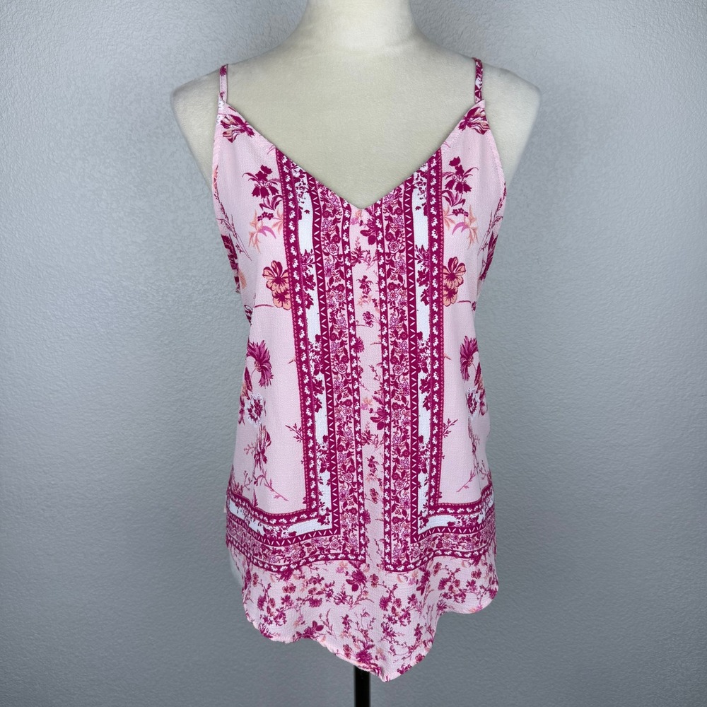 Janet Chung Pink Floral Print V-Neck Cami Top Sleeveless Casual Cute Boho Blouse